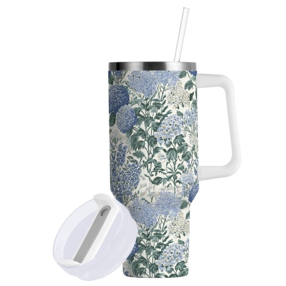 Yayeee 40oz Stainless Steel Tumbler with Straw and Handle Double-Wall Insulated Travel Water Bottle, Blue Hydrangeas Pattern