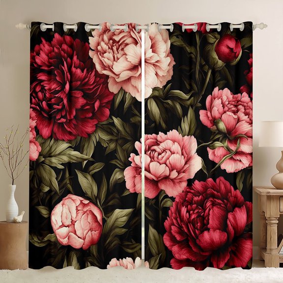 Manfei Vintage Red Pink Peony Blackout Curtains Set of 2 (52x84 Each), Tropical Floral Flower Window Curtains, Garden Blossoms Curtains and Drapes, Black Green