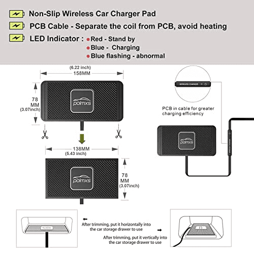 Saluqifa Wireless Charger Car Charging pad, 15W Fast Wireless Phone Charger Non Slip Cell Phone Flat Charging mat Compatible with iPhone 11/12/12/14/15 Galaxy S21/S22/S23/24 NOTE10 (30cm Cable)(C2Y)
