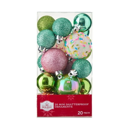 Light Pink/Light Green/Turquoise Mini Whimsy Shatterproof Christmas Ornaments, 20 Count, by Holiday Time
