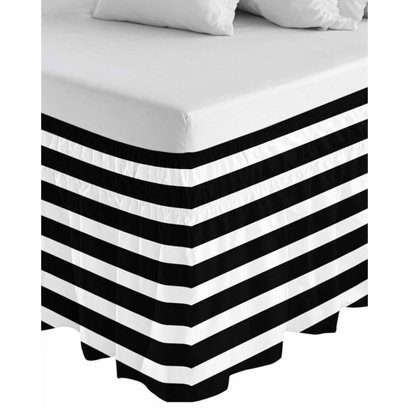 Black Striped Wrap Around Bed Skirts for California King Bed 16" Drop,Bed Skirt with Adjustable Elastic Belt Dust Ruffle Bed Valance Modern Simple Monochrome Geometric White Bed Frame Cover
