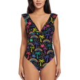 thumbnail image 2 of Yiaed Colorful Palms Print Women's Ruffled One Piece Swimsuit V Neck Swimwear Slimming Monokini for Woman-Small, 2 of 8