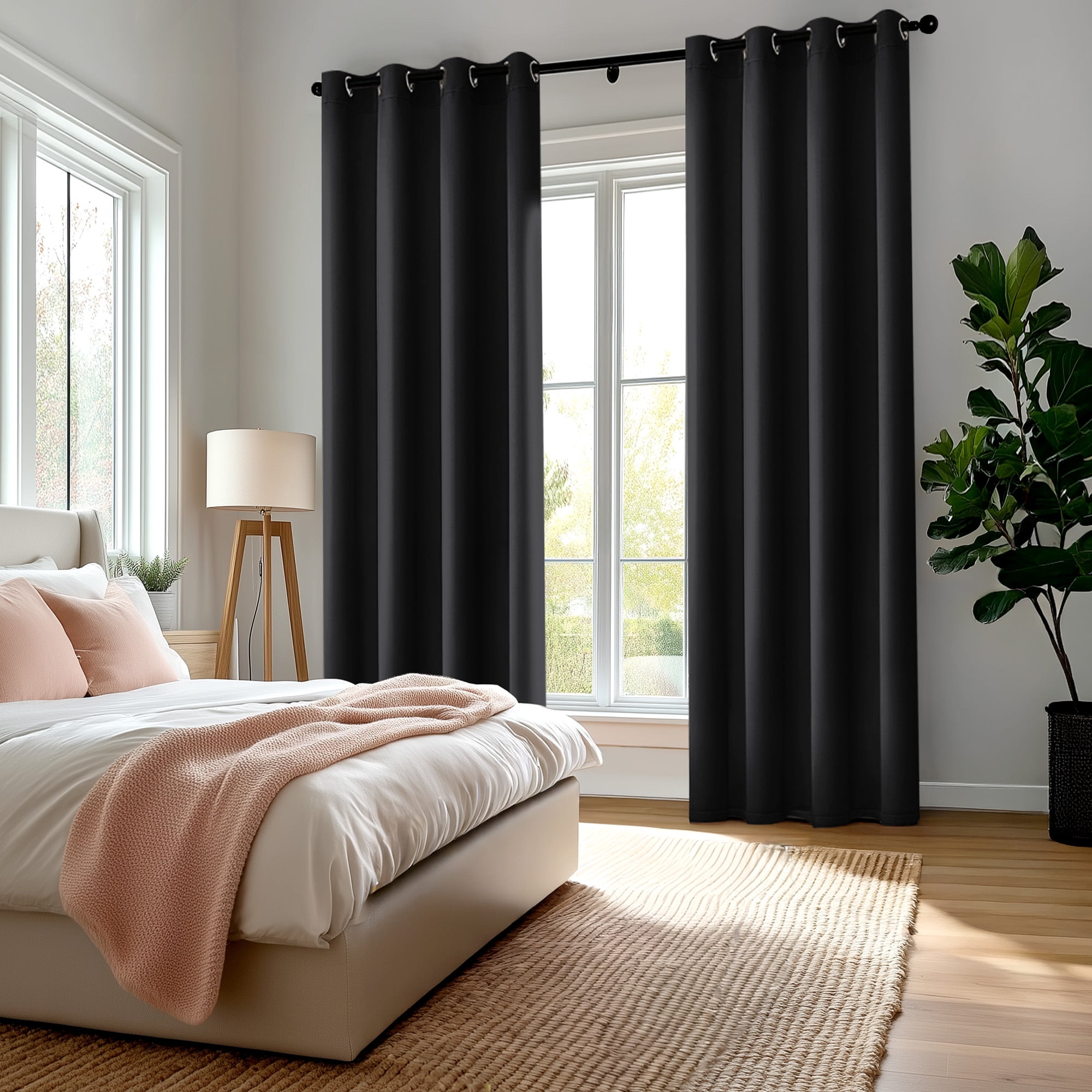 Deconovo 100% Blackout Grommet Curtains for Bedroom and Kids Room, Noise Reduction, 2 Panels, 52"x72", Black