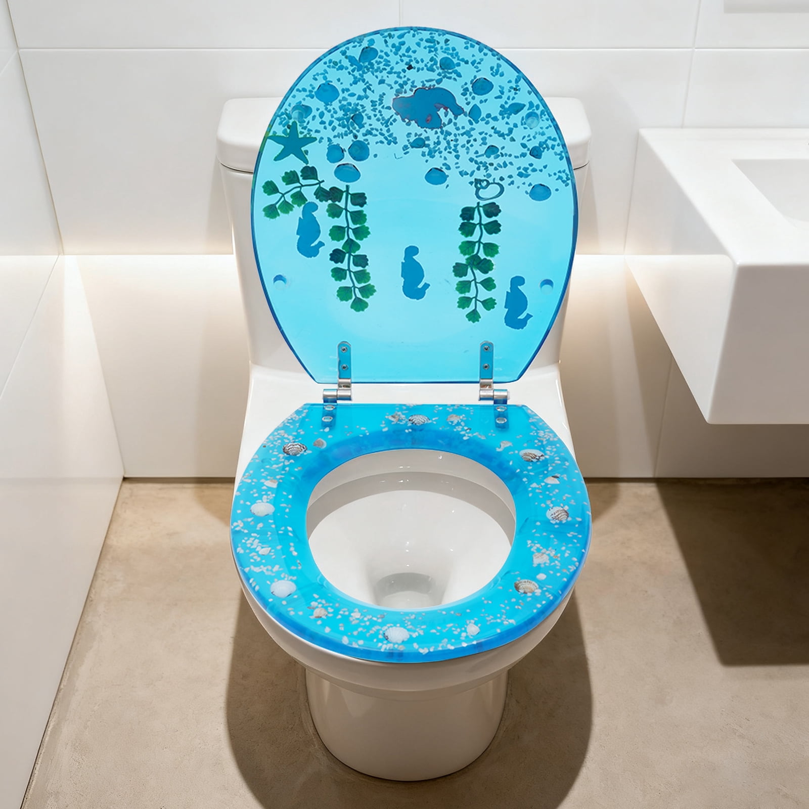 Resin U/V type Toilet Seat Aquarium Seat Blue Sea Fish Shells Shape Toilet Seat