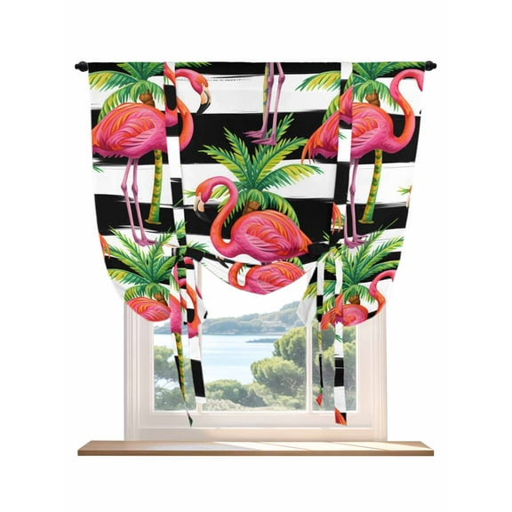 Striped Flamingo Tie Up Curtains for Windows 45 Inch Length Balloon Curtains Kitchen Adjustable Balloon Window Shade Pink Birds Green Palm Leaf Black White Tie Up Bathroom Curtain Window 34"x45"