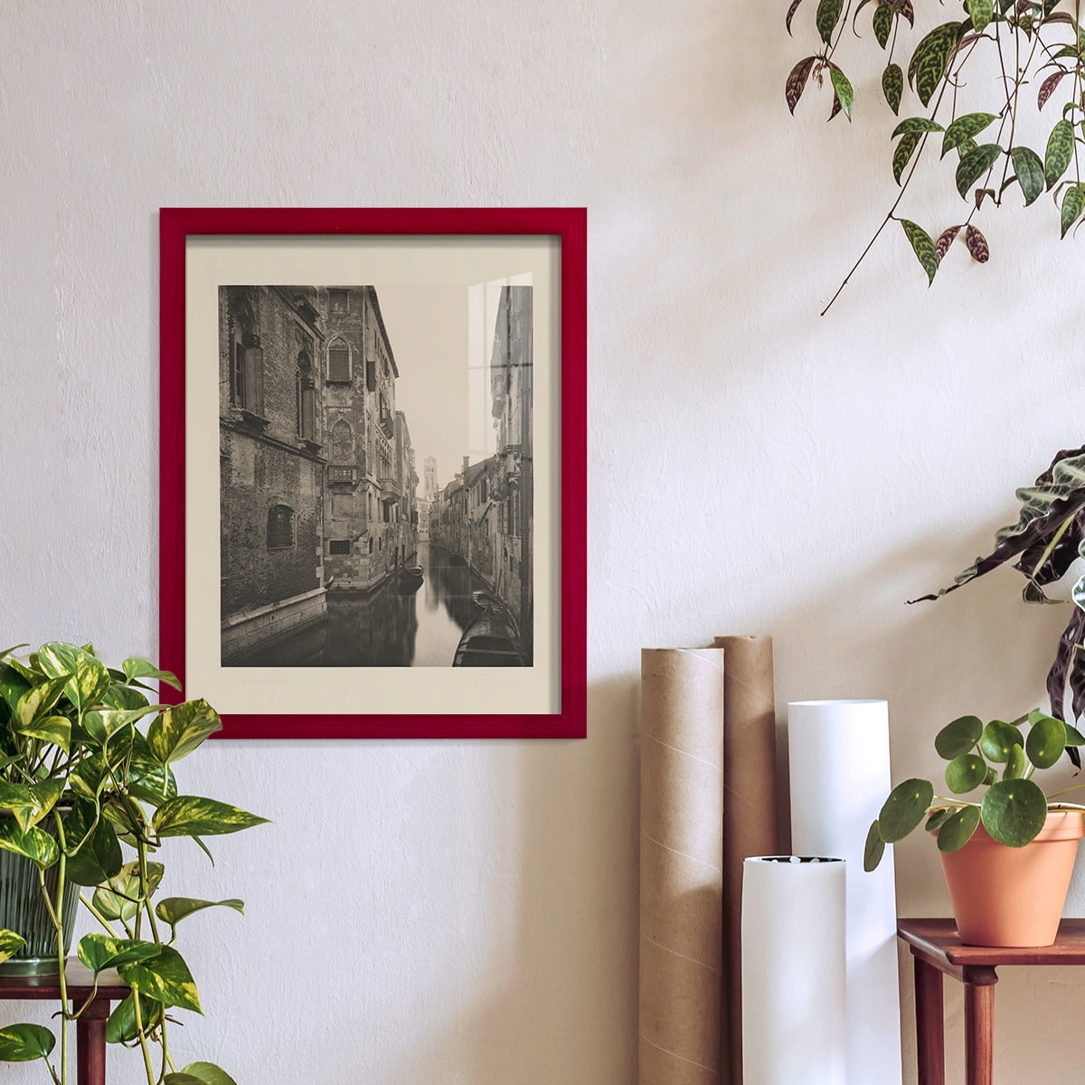 Vintage Views of Venice V - Framed Print w/glass - Cherry Red