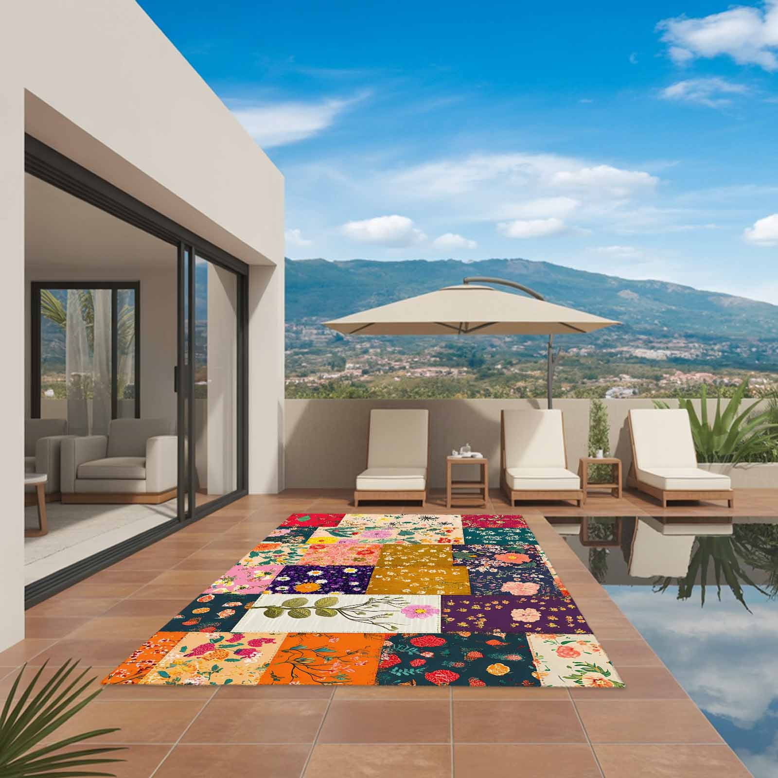 Outdoor Rug 5x8ft Retro Colorful Flowers Large Area Rug Wildflowers Splice Lattice Indoor Outdoor Carpet Outdoor Rugs Mats for Patio Camping,RV,Front Door, Outside Decor
