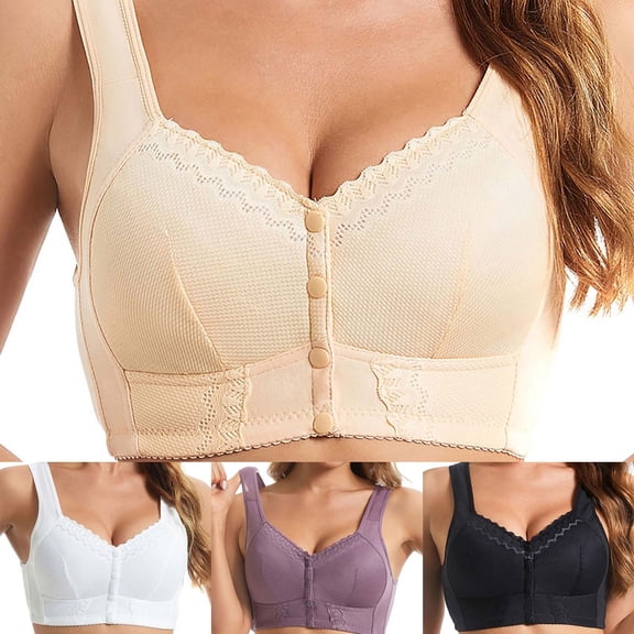 Gymayou Front Button Closure Bra for Women Lace Trim Wireless Comfort Bra No Underwire Breathable Mesh Full Coverage Bras Beige 36