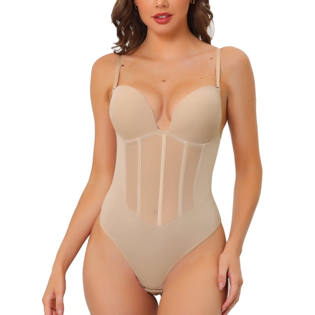 Allegra K Justaucorps à Panneau en Maille pour Femmes Combinaison justaucorps Sculptant Shapewear String avec Bretelles Réglables TTG Beige
