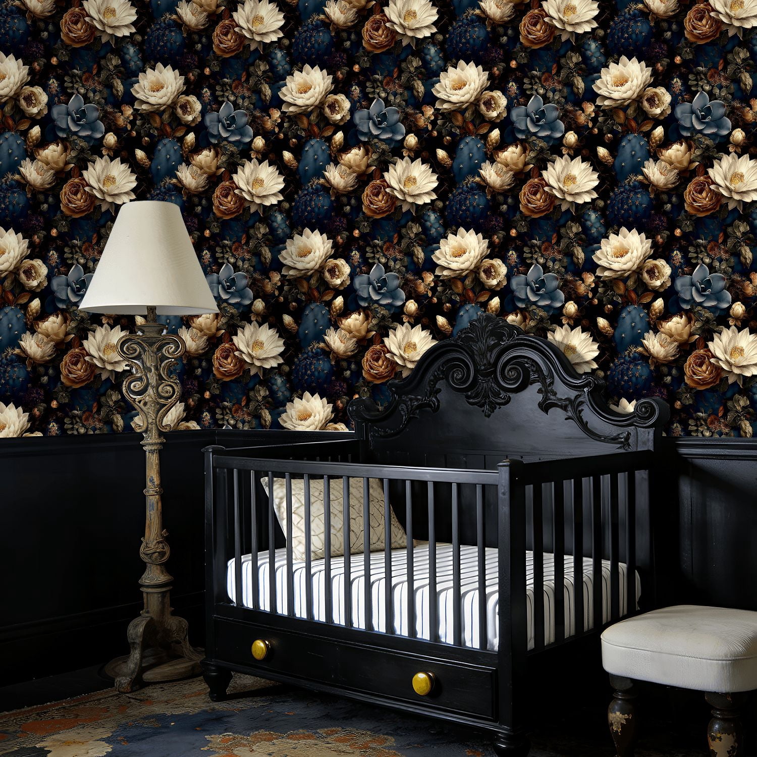 Peel and Stick Wallpaper Vintage Floral Design White Lotus Roses Cactus Dark Wall Mural 17.7in x 9.8ft Self Adhesive Removable Wall Paper Renter Friendly Wallpaper for Nursery Bedroom Cabinets