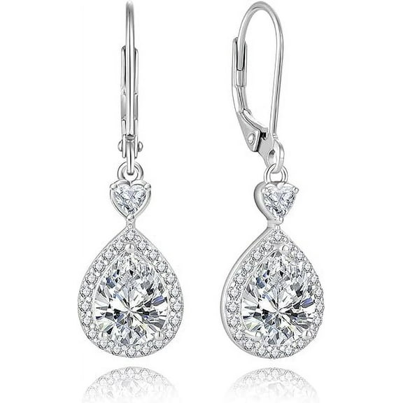 Silver Cubic Zirconia Earrings Halo Leverback Earrings with Heart & Teardrop Birthstone Gemstone 925 Sterling Silver Drop Dangle Crystal Jewelry Valentine's Day Gift for Women Girlfriend Wife