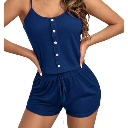 

Womens Pajama Sets Button Front Spaghetti Strap Sleepwear Navy Blue L
