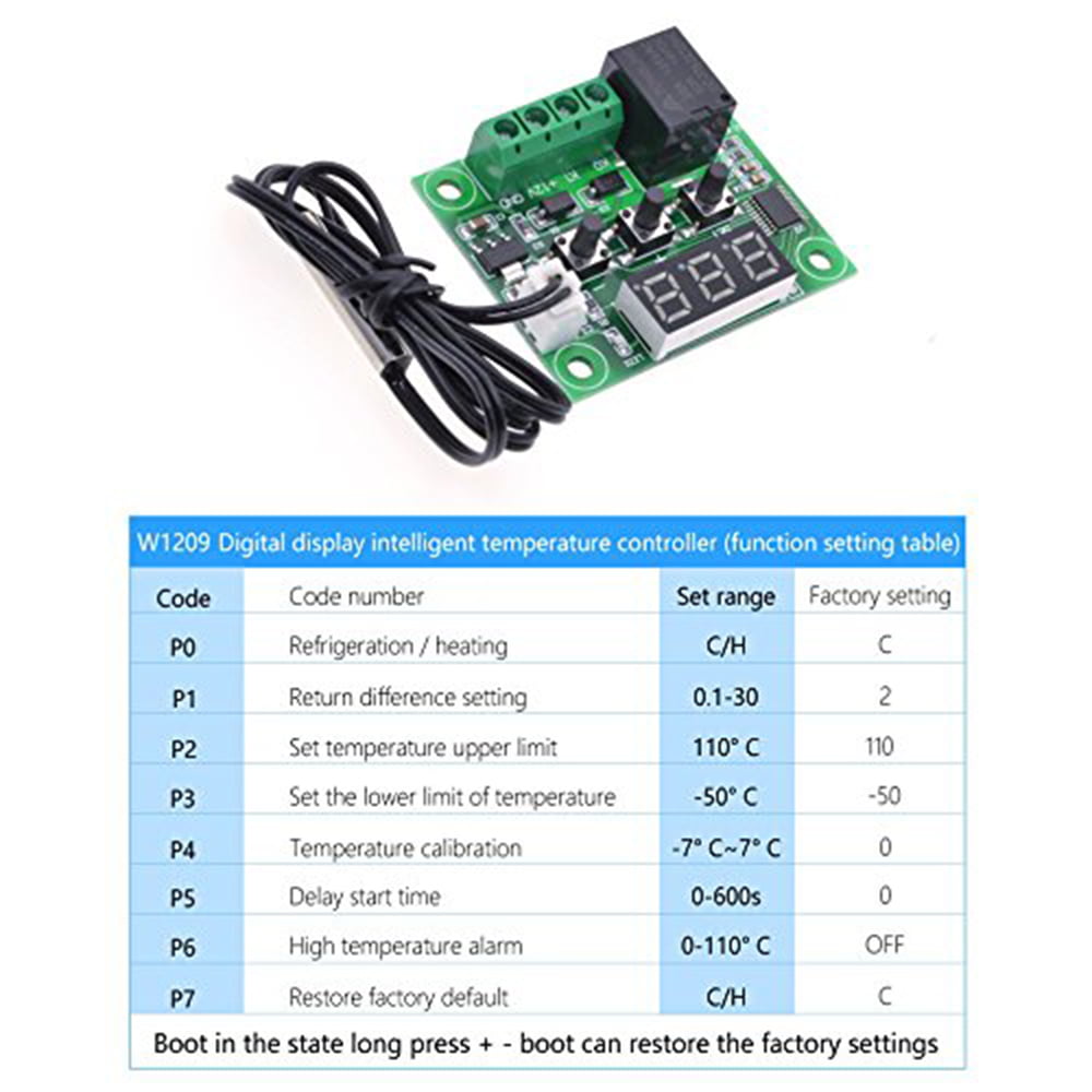 W1209 LED Digital Thermostat Controller Temperature Temp Control Switch Module Board 12V DC 50-110°C with Waterproof Sensor Probe Blue LED