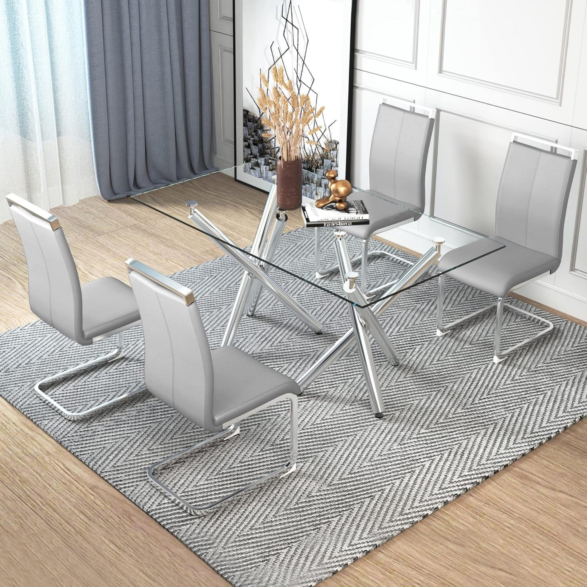 SUDICA Set of 4 Light Gray PU Leather Dining Chairs, Modern Upholstered High Back Kitchen Chairs with Chrome Metal Legs for Dining Room