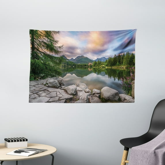 Scenery House Decor Tapestry, Idyllic View with Tree on Still Lake Surrounded by Mountains and Moody Sky, Wall Hanging for Bedroom Living Room Dorm Decor, 60W X 40L Inches, Multi, by Ambesonne