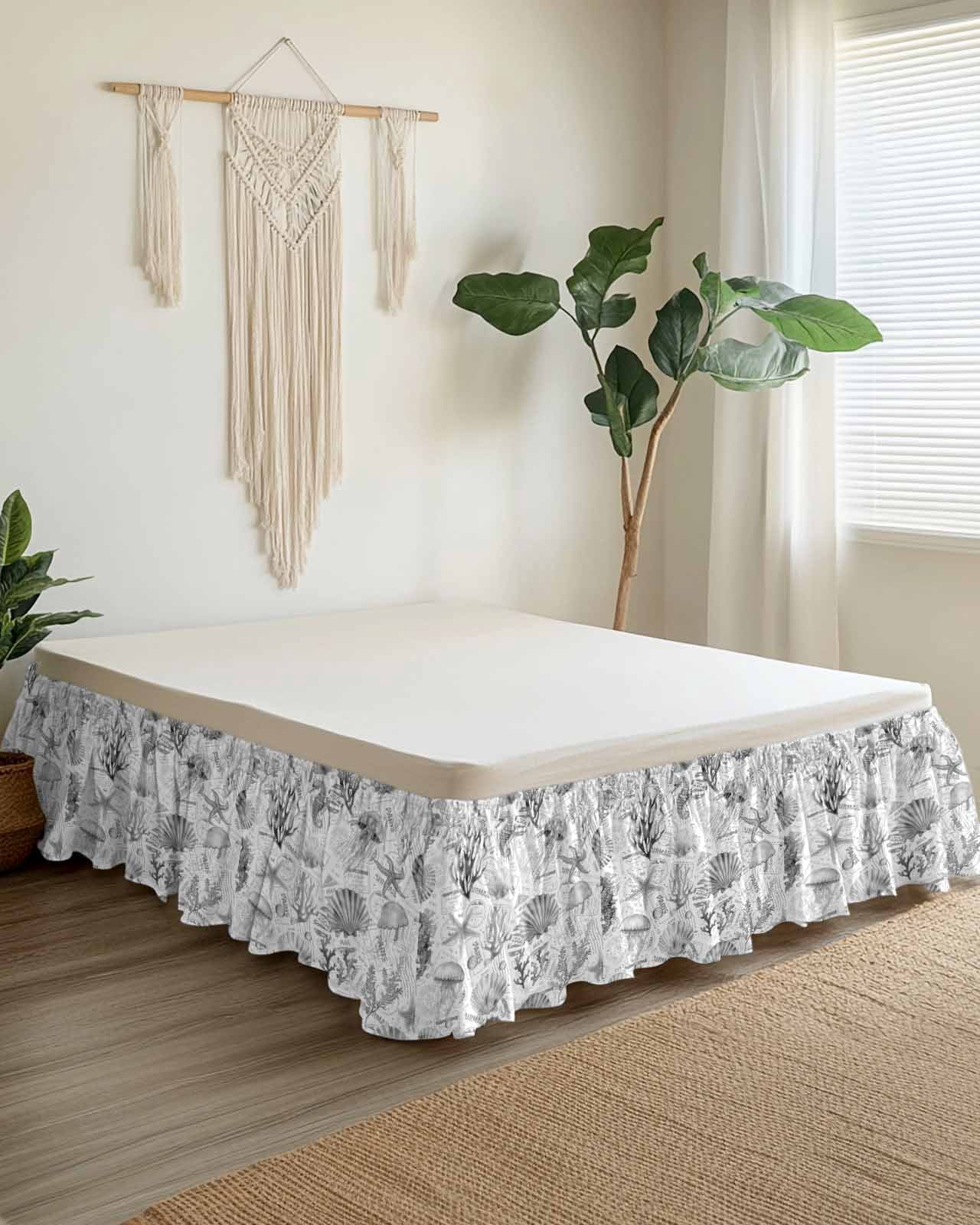 Grey Coastal Wrap Around Bed Skirts for Queen Bed 16" Drop,Bed Skirt with Adjustable Elastic Belt Dust Ruffle Bed Valance for Bedroom Hotel Summer Coral Shell Sea Beach Nautical Bed Frame Cover