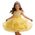 thumbnail image 1 of FhsagQ Robe de Fête Sans Manches pour Fille, Robe à Volants, Robe Tutu de Cérémonie pour Fille (Jaune Taille 3-4 Ans), 1 of 7