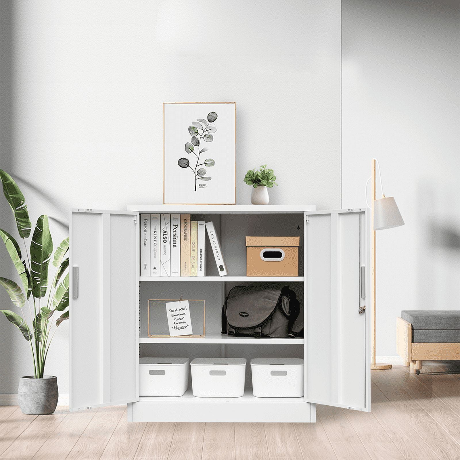 CJF Garage Cabinet, Metal Storage Cabinet with Doors and Shelves, for Home Office, Garage and Utility Room, White