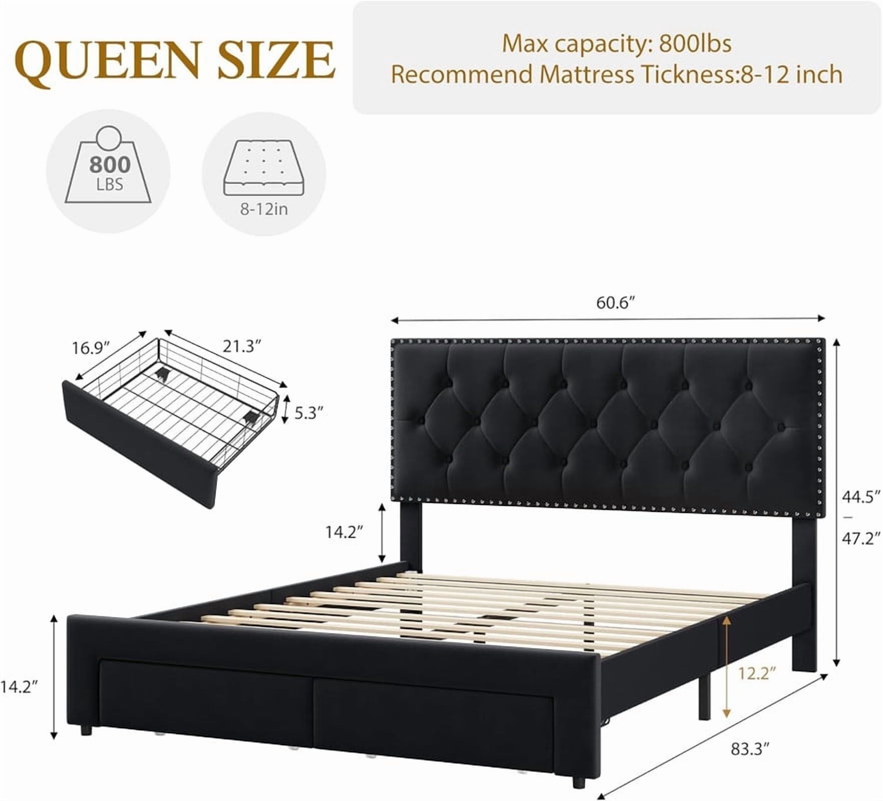 Towallmark Queen Size Bed Frame with 2 Storage Drawers, Vintage Velvet Upholstered Bedframe with Wooden Slat Support and Button Tufted Wingback Headboard, No Box Spring Needed, Noise Free, Black