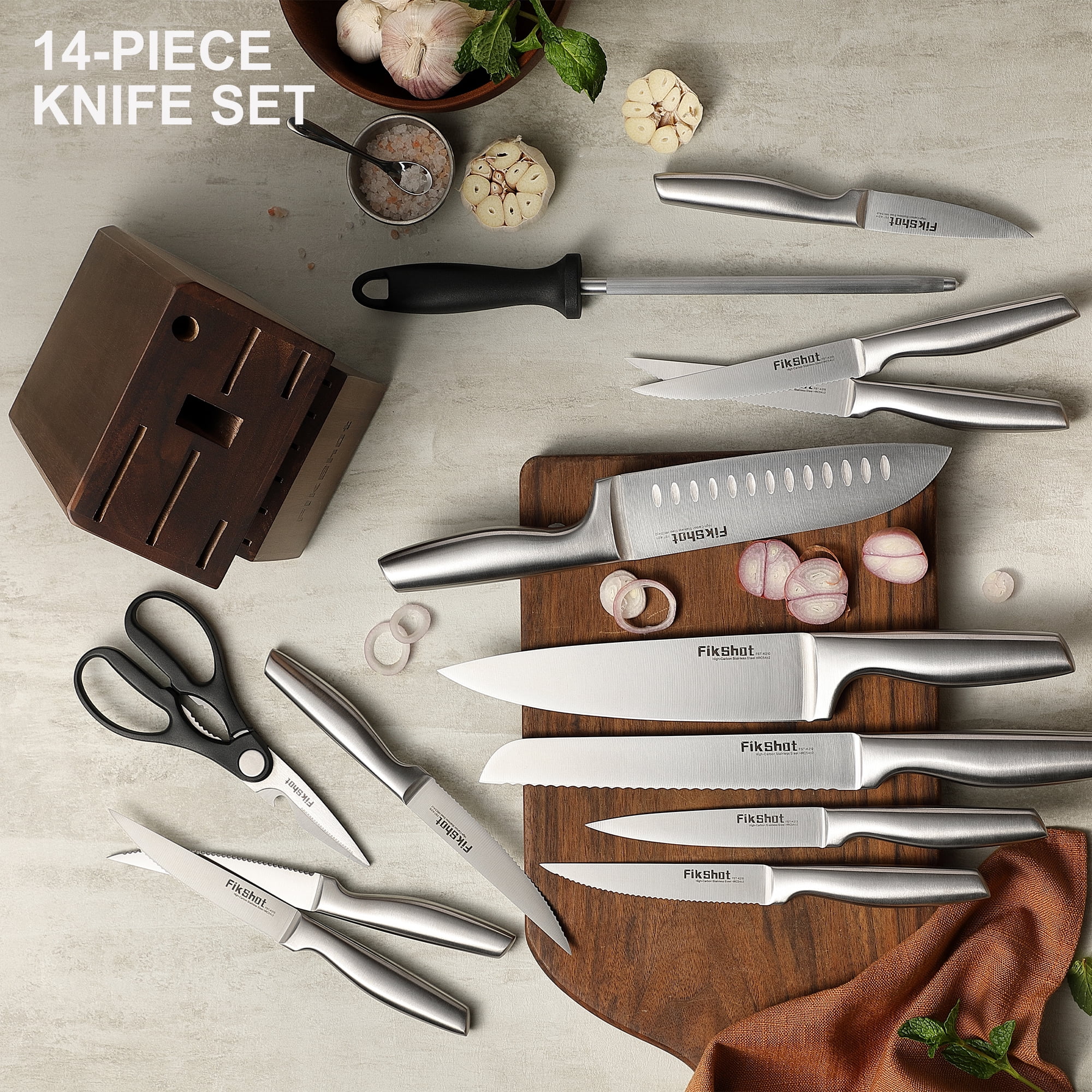 14Pieces High Carbon Steel Kitchen Knife Set with Wood Block & Sharpener, Rust-Resistant Professional Chef Knives for Cooking, Grilling & Gifting