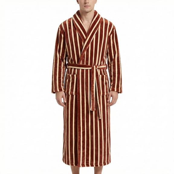 SHTXOZHI Flannel Sleepwear for Men Striped Bathrobe Adjustable Belt Long Robes Fleece Loungewear Winter Warm Homewear