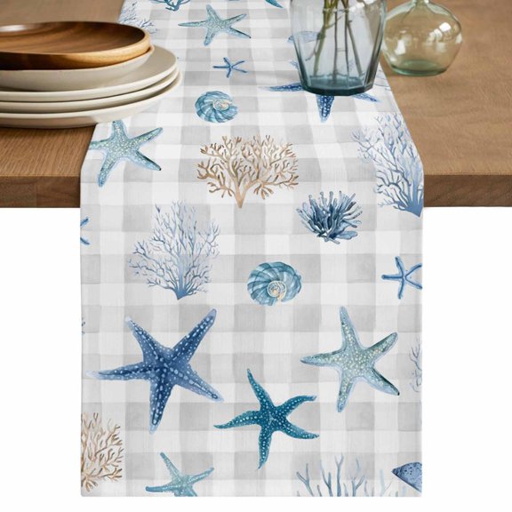 Blue Starfish Coastal Table Runner 72 Inches, Summer Beach Coral Grey Plaid Bed Runner Dresser Scarves Tabletop for Indoor Outdoor Parties/Ceremony/Banquet, 13" x 72"