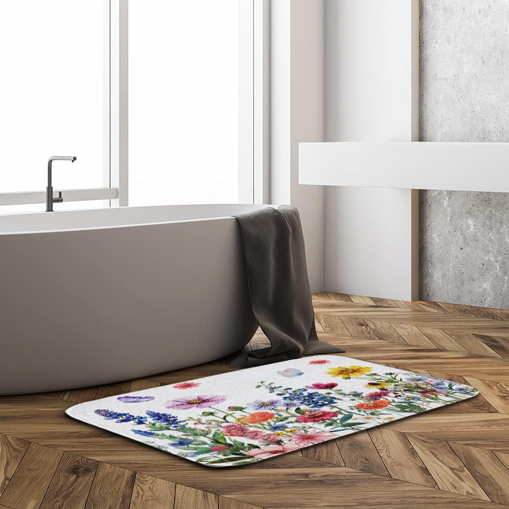 Spring Wildflower Bath Mat Non Slip Entrance Mat Summer Garden Decoration Colored Floral Butterfly Bathroom Tub Rugs Extra Soft and Water Absorbent Door Mat Floor Mats 17.5x29.5 Inch