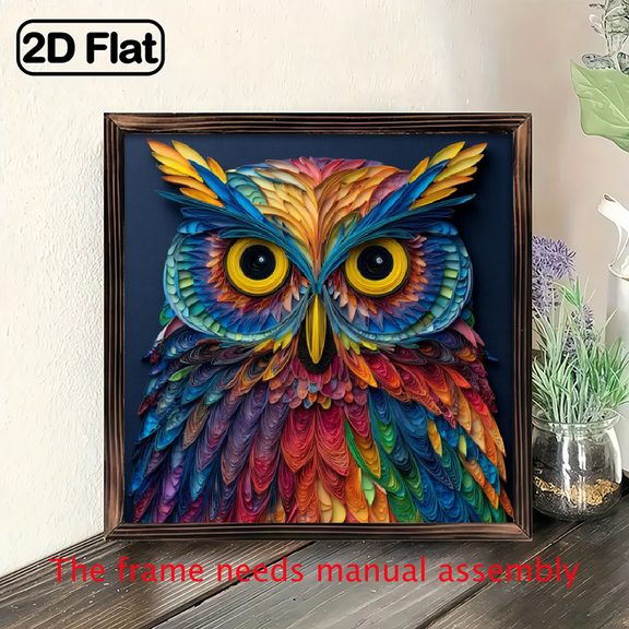 2D Flat Wall Decor, 8x8 Inch Wooden Frame, Owl Pattern, 2D Paper Art Style Sign, Wall Art Print Painting For Living Room Bedroom Office Bathroom Dorm Home Decor, For Christmas Gifts