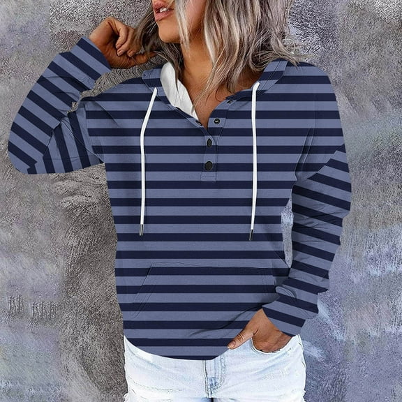 AGWOLF Striped Sweatshirts for Women Vintage Aesthetic Button Down Hooded Pullover Y2K Long Sleeve Hoodies Fall Winter Tops