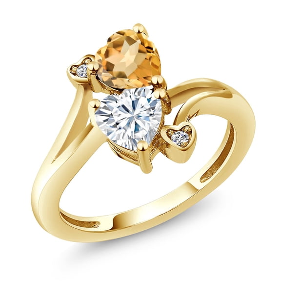 Gem Stone King 18K Yellow Gold Plated Silver Yellow Citrine White Moissanite and White Diamond Ring for Women (1.48 Cttw, Heart Shape 6MM, Gemstone November Birthstone, Size 7)