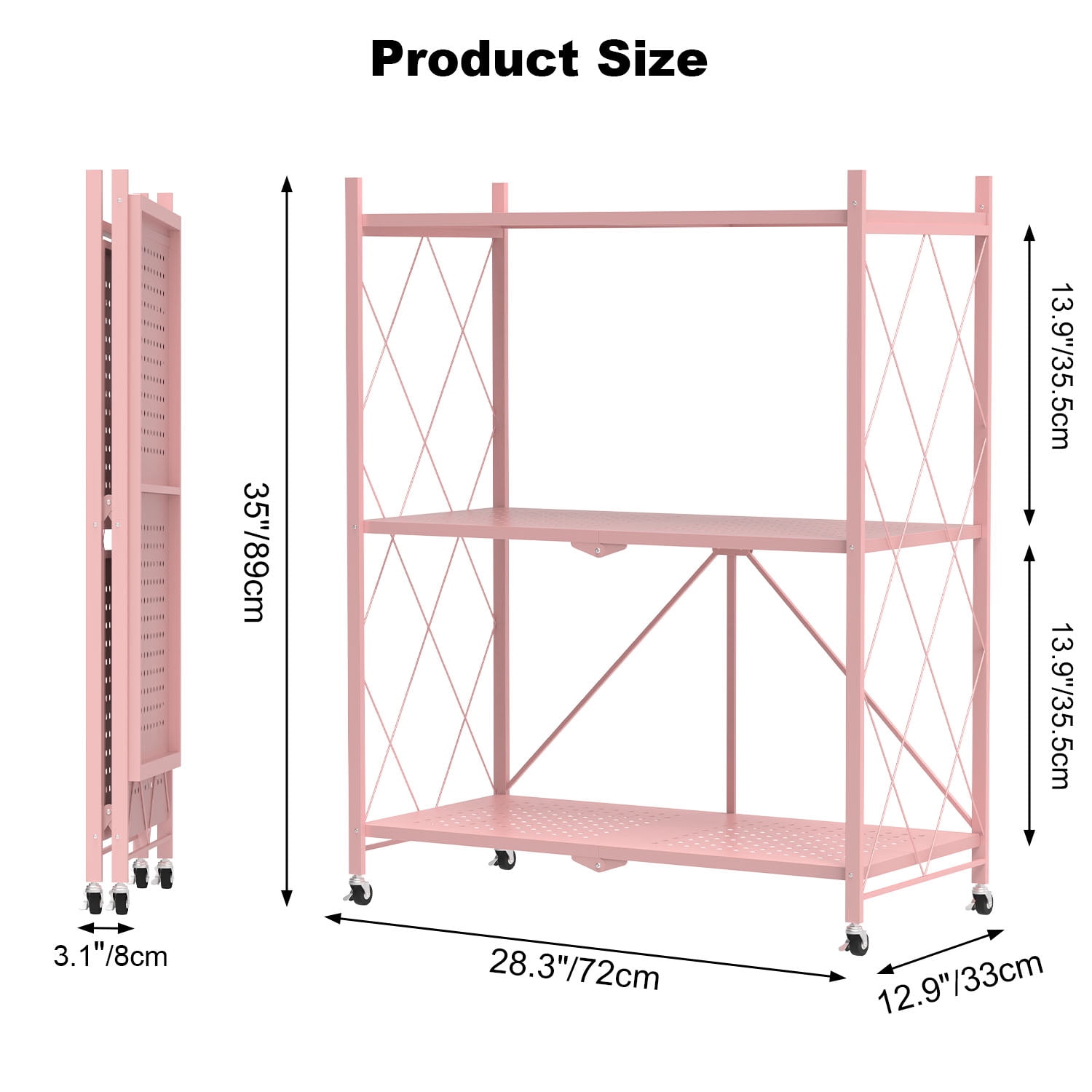 3 Tier Foldable Shelf with Wheels, Portable Carbon Steel No Assembly Organizer, Collapsible Rolling Standing Utility Storage Rack for Kitchen Pantry Office, Pink