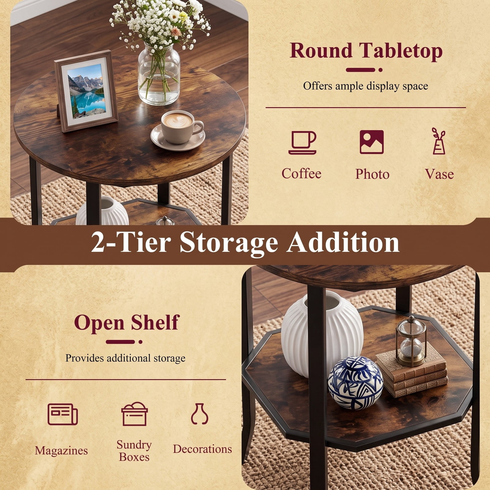 Furnibear Round Side Table Small End Table with Storage Shelf, 2-Tier Nightstand Sofa Bedside Table for Small Space Living Room Bedroom, Rustic Brown