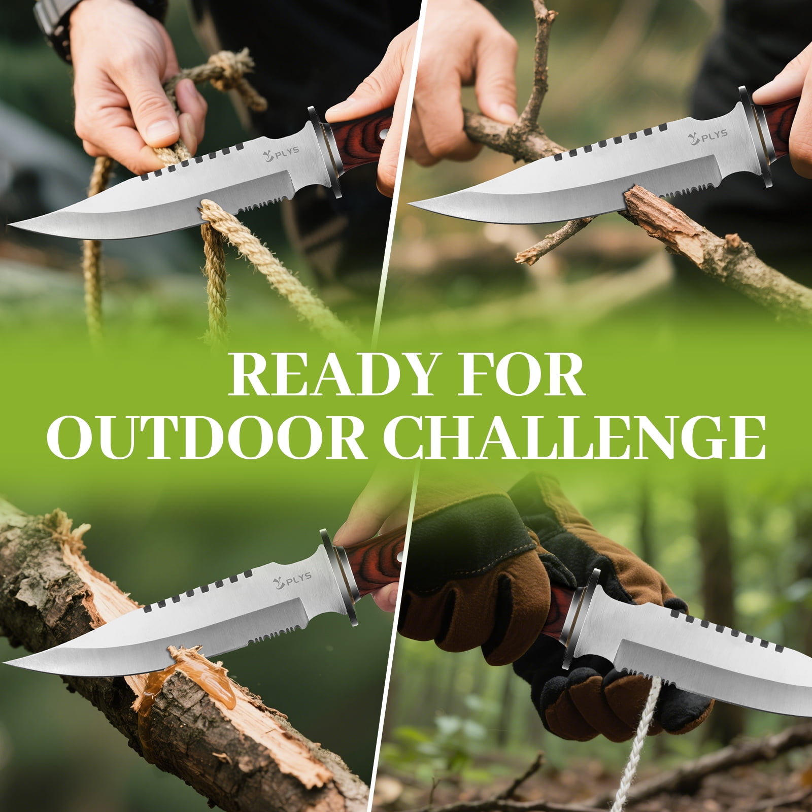 Plys Tactical Knife 6.2 inch Full Tang with Sheath: Fixed Blade Hunting Survival Knives for Men Camping Bushcraft, Wood Handle