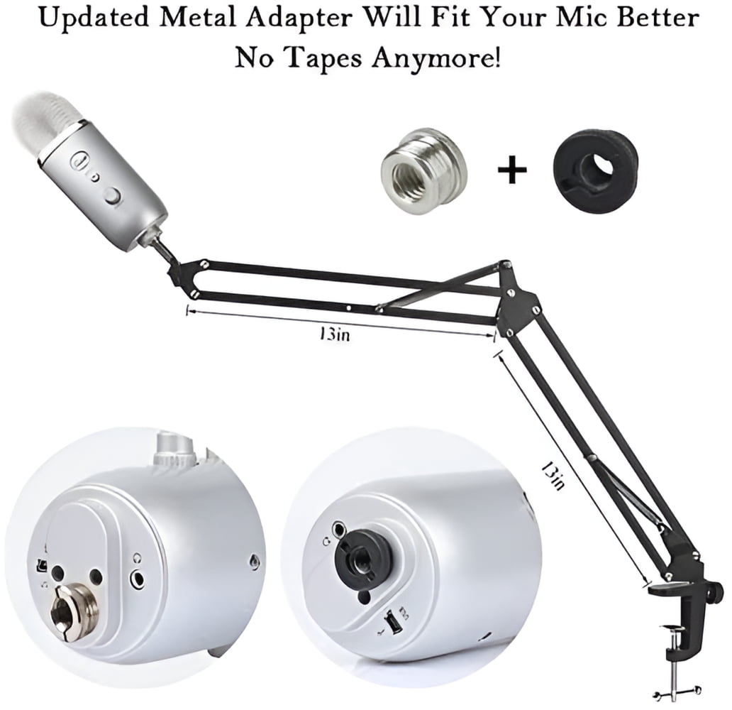 Upgraded Adjustable Microphone Suspension Boom Scissor Arm Stand with Shock Mount Mic Clip Holder 3/8?? to 5/8?? Screw Adapter -for Blue Yeti, Snowball & Other Microphones (stand with adapter)