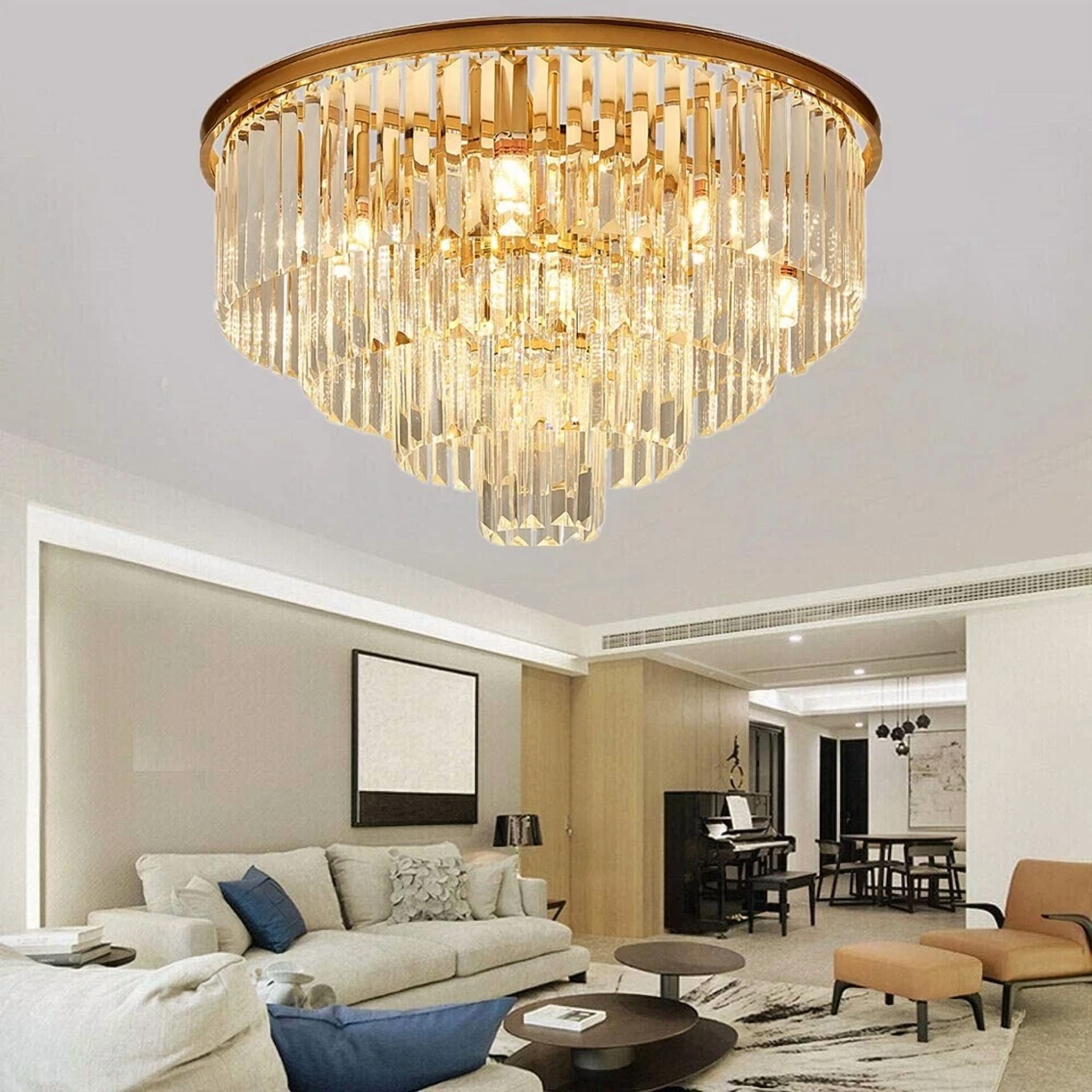 LUOLAX 23.6" Round Postmodern Crystal Flush Mount Ceiling Light  - 4-Tier Transparent K9 Prisms & Gold Iron Finish for Living Room/Bedroom (No Bulbs Included)