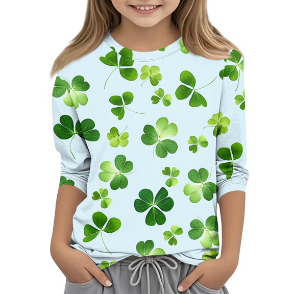 St Patrick's Day Shirts for Girls Shamrock Clover 3/4 Sleeve Shirt Loose Fit Irish Graphic Tees Tops St Patrick's Day Summer Casual Clothes,Light Blue 6-7 Years