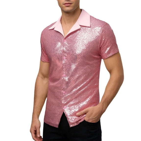 QHFBli Men's Sequin Dress Shirt 70s Disco Sparkle Party Short Sleeve Button Down Shirts