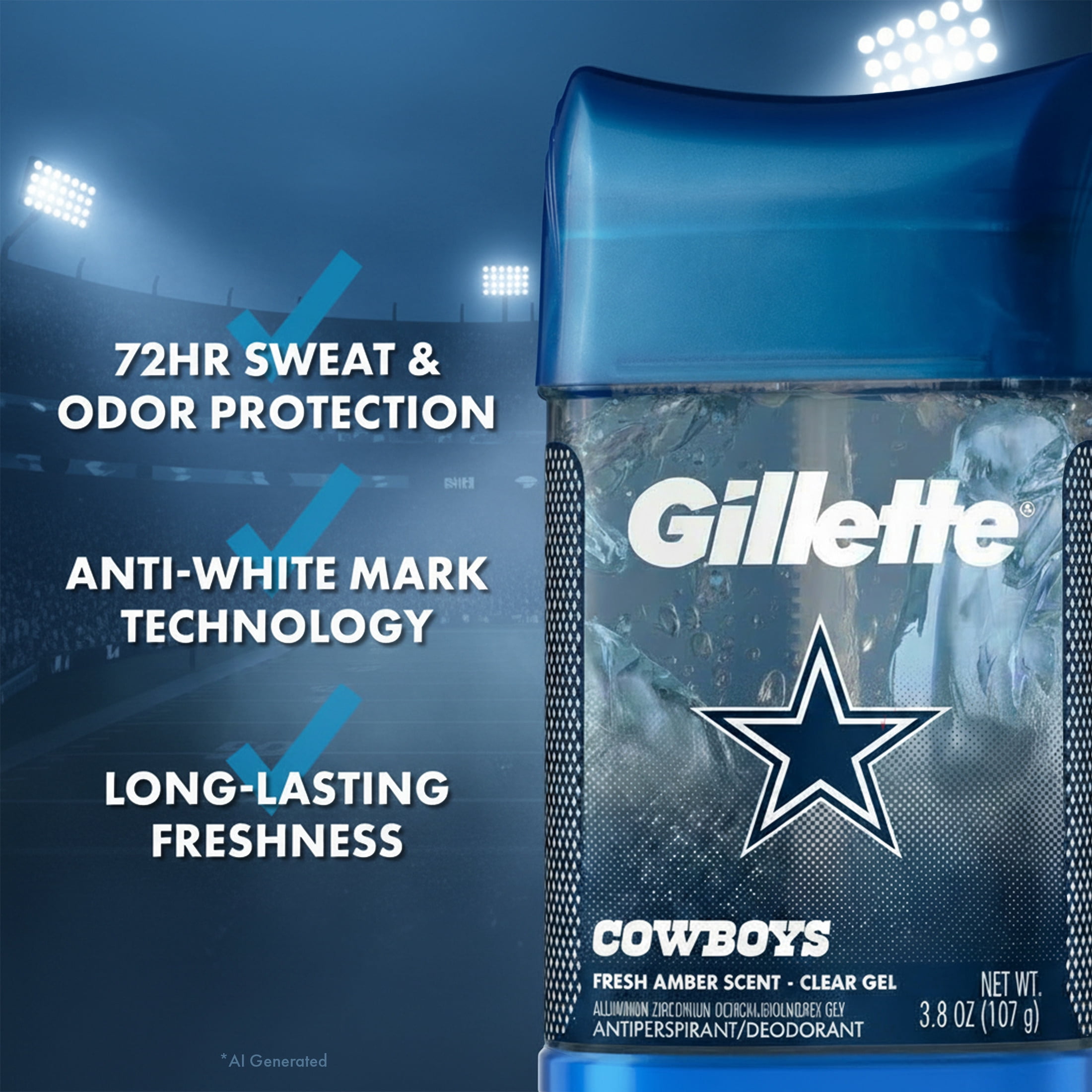 Gillette Dallas Cowboys Clear Gel Antiperspirant and Deodorant for Men Fresh Amber Scent 3.8oz