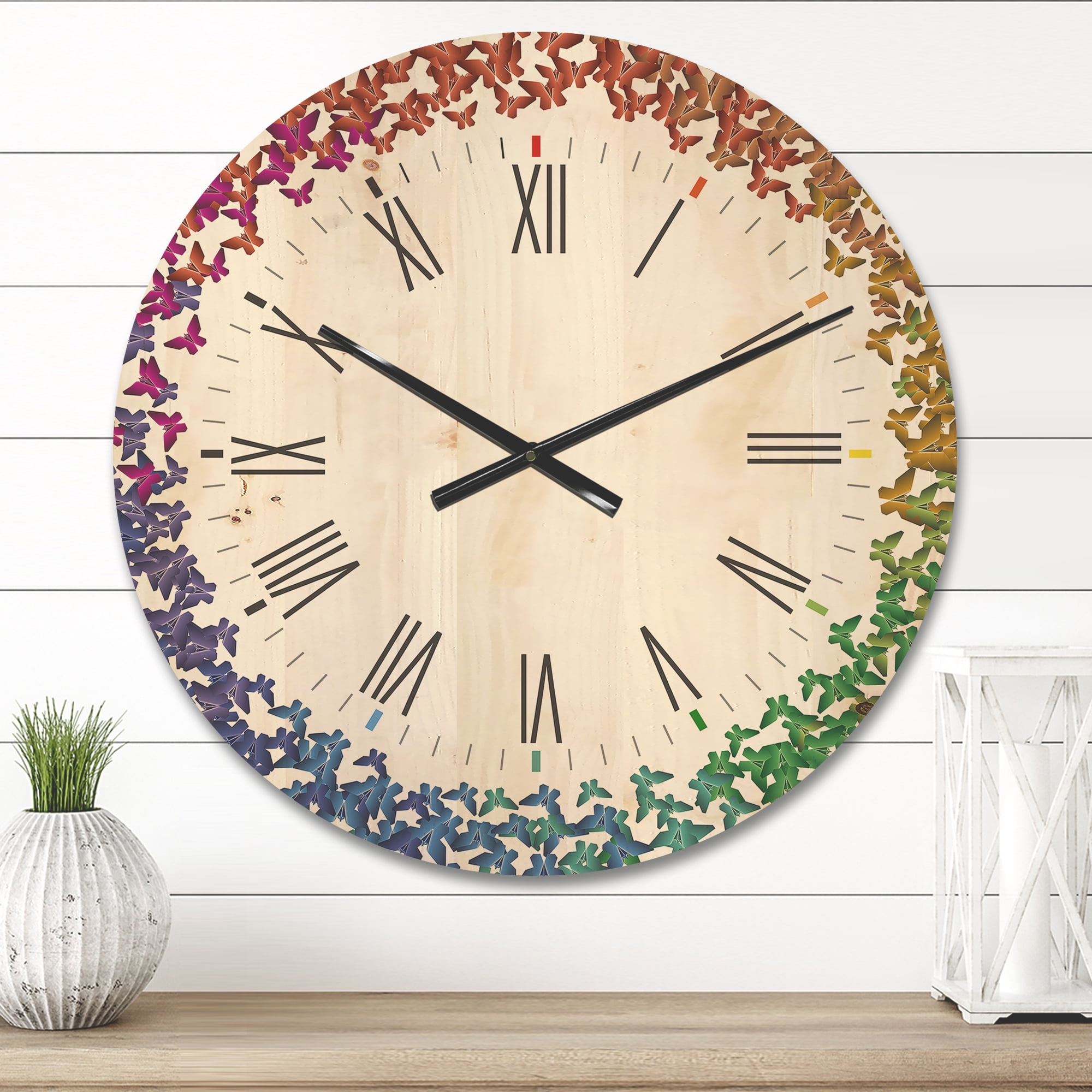 Designart 'Rainbow Butterfly Origami On White' Farmhouse Wood Wall Clock
