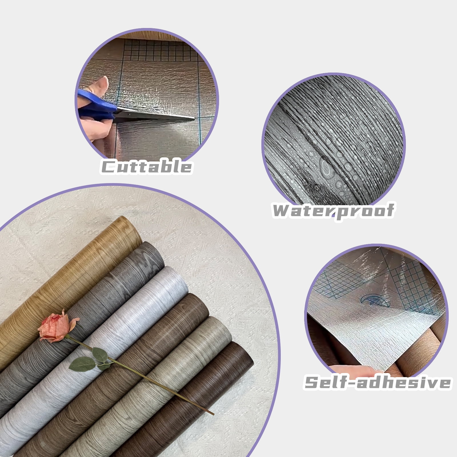 Vinyl Flooring Roll PVC Thickened Peel and Stick Floor Wood Plank Self Adhesive Flooring DIY 23.6" X 196" Dark Gray