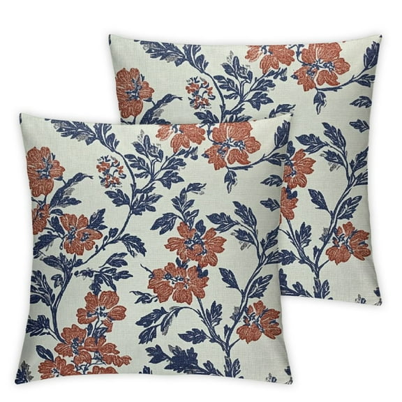 Navy Blue Orange Floral Block Print Pillow Covers set of 2 Vintage Flower Rustic Fall Colored Patterned Cream Decorative Throw Pillow Cases Outdoor Farmhouse Decoration for Sofa Couch Bed