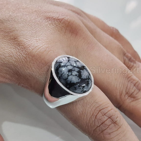 Snowflake Obsidian Mans Ring, Natural Snowflake Obsidian, Gents Ring, Silver Jewelry, 925 Silver Ring, Gift, Heavy Mens Ring, Arabic Design, Ottoman Style Ring, Christmas, Turkey Mens Signet Ring