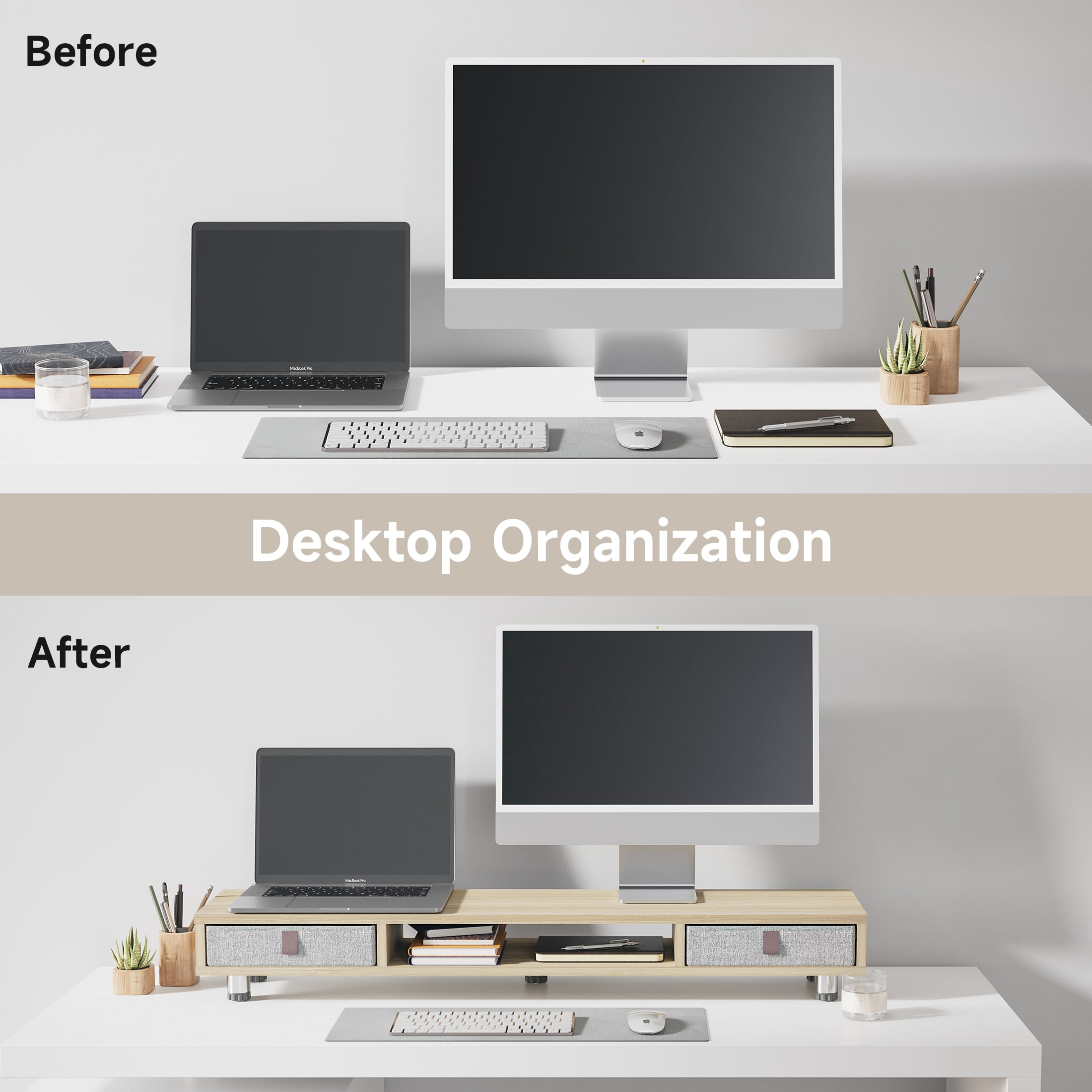 Fenge Monitor Stand, Dual Monitor Stand with 2 Drawers