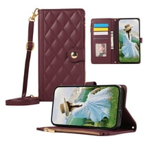 ELEHOLD Case for iPhone 13, Shockproof PU Leather Zipper Wallet Case with Card Holder & Crossbody Lanyard & Wrist Strap,Winered