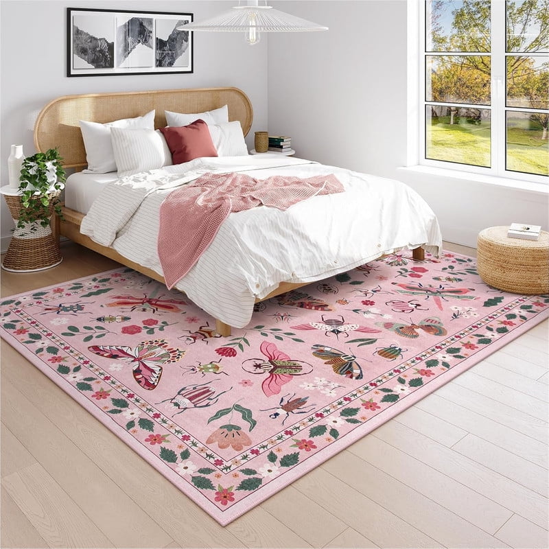 Wonnitar 8'x10' Area Rug for Living Room Insect & Botanical Washable Rug - Soft Nature-Inspired Carpet for Living Room, Non-Slip Ultra-Thin Large Rug for Bedroom, Dining Room, Nursery