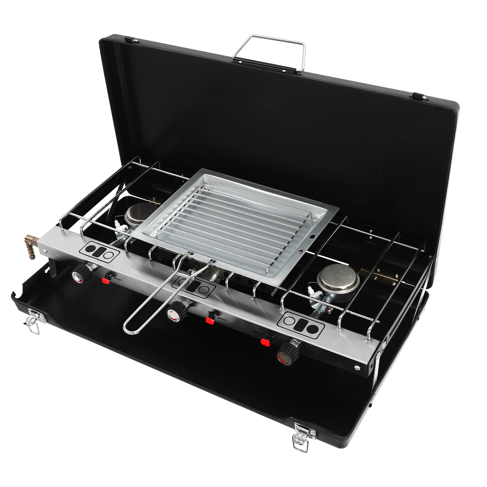 3-Burner Camping Stove, 4.5KW Portable Tabletop Gas Grill Foldable Gas Camping Stove with Removable Grid and Tray for Car Camping Bbq Picnics Outdoor Cooking