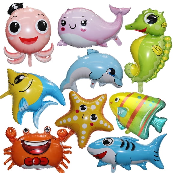 12pcs Large Cute Sea Animal Balloons, Octopus Shark Fish Dolphin Hippocampus Crab Scallops Foil Balloons for Under The Sea Party Decorations
