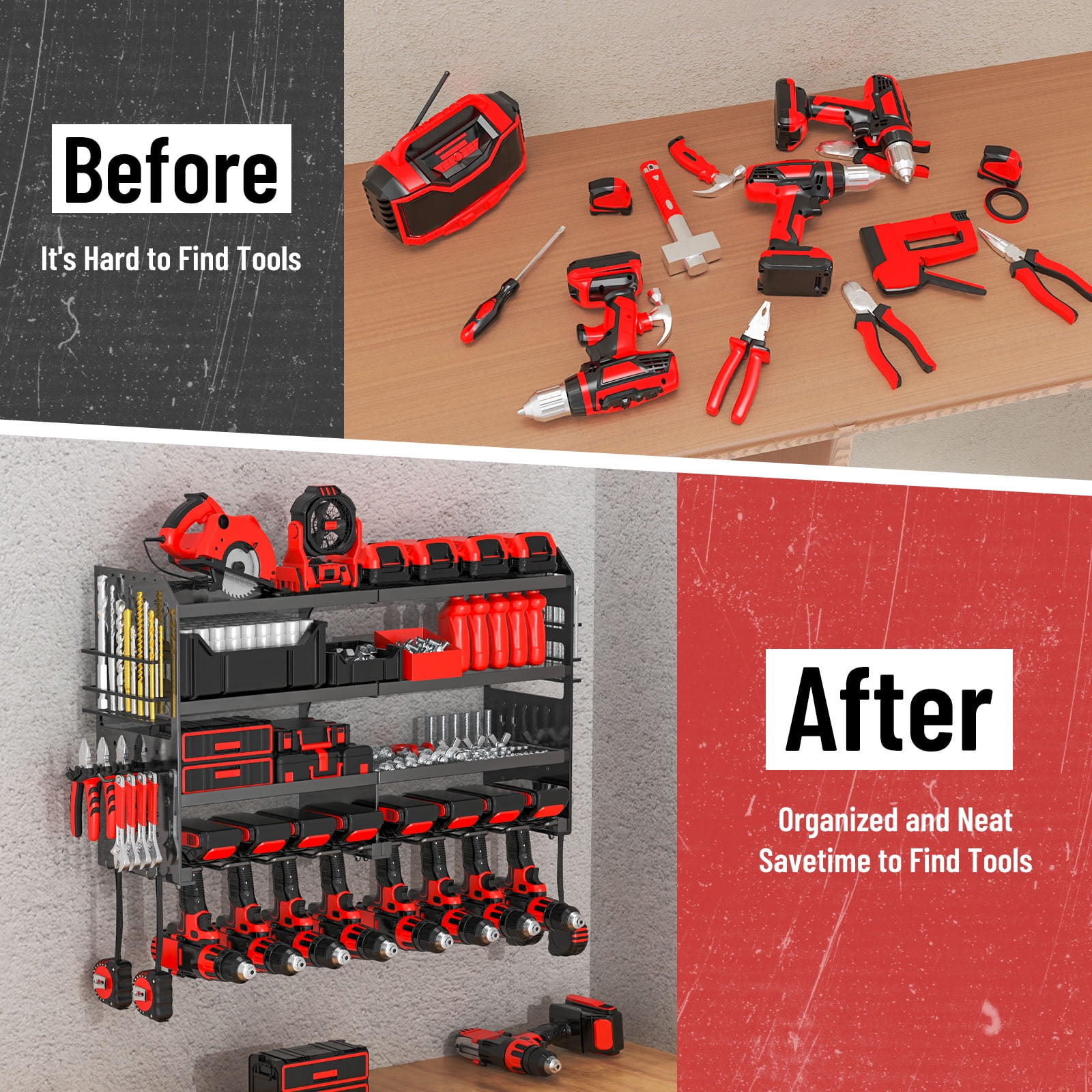 VeyFolzin.st Power Tool Organizer Wall Mount, Metal 4 Layer Heavy Duty Metal Power Tool Storage Rack, Garage Drills Storage Shelves with Screwdriver Holder Plier Holder