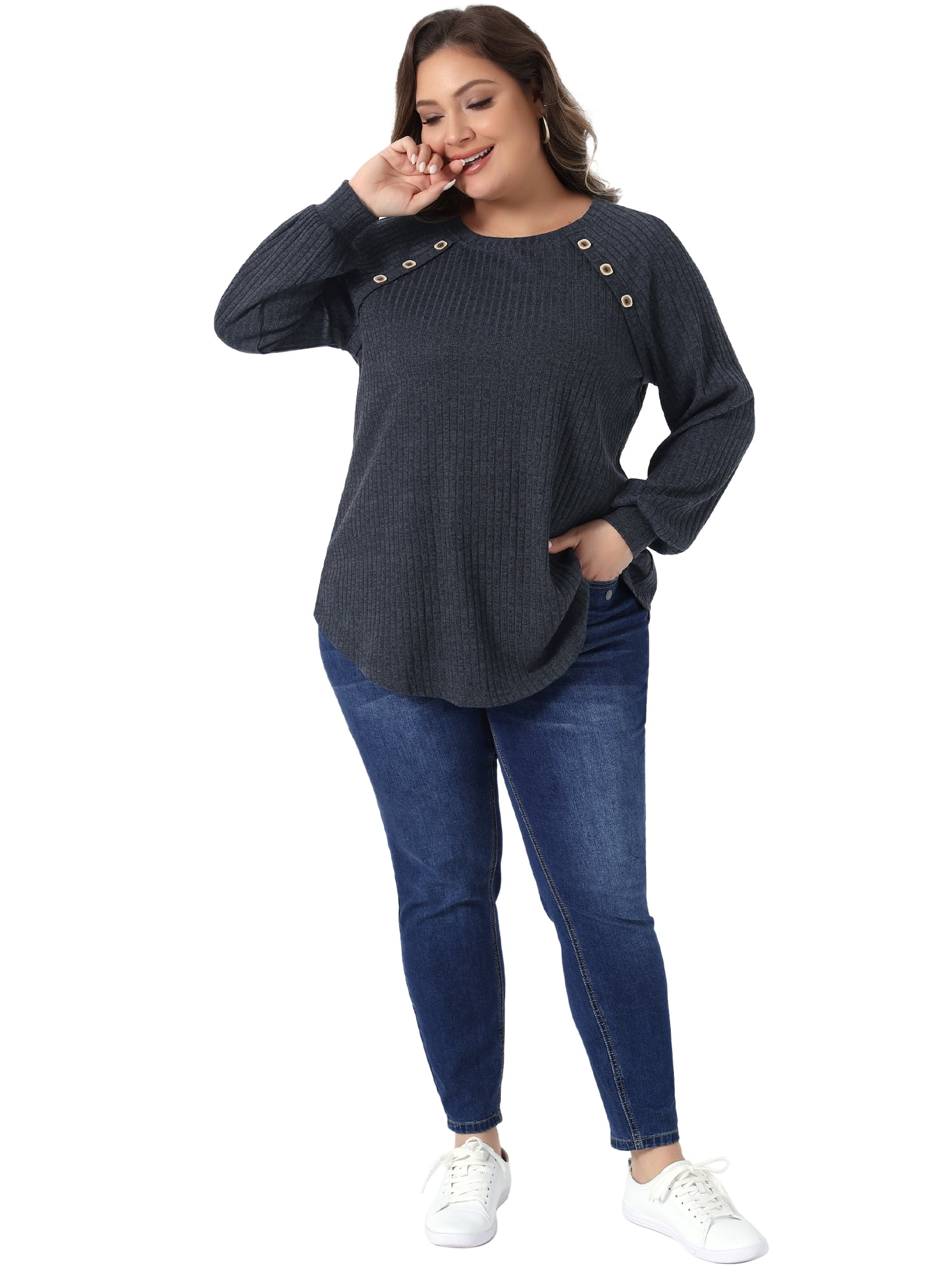 DARING DIVA Women's Plus Tops Crew Neck Button Decor Pullover Blouses 2X Gray Black