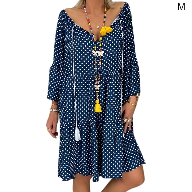 Vestido de verano de manga larga con cuello en V Vestido de mujer con estampado de tela suelta, Azul, M Scienceny AP002186-34